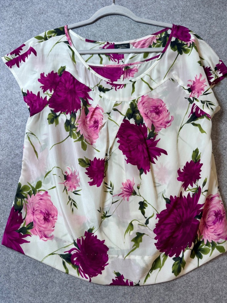 Talbots 100% Silk Floral Blouse Women’s L Pink Purple Short Sleeve Altered