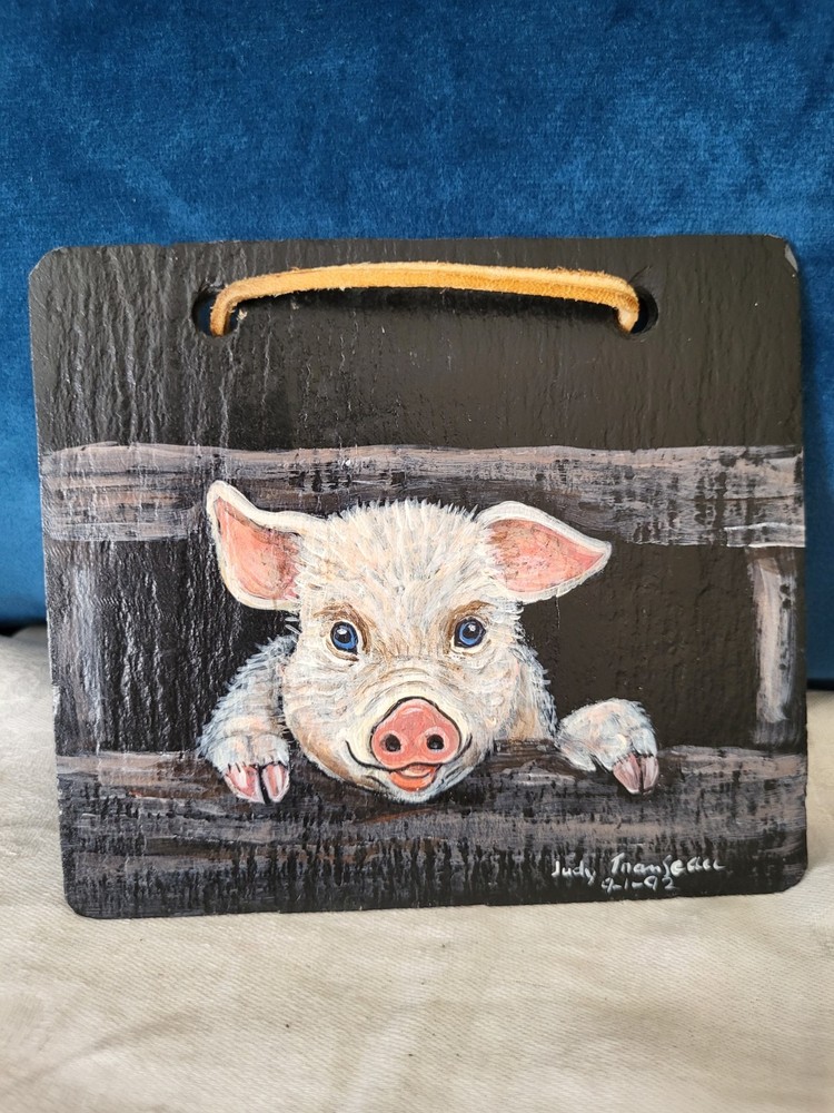 Pig on slate painting signed Judy Transeau 1992 5