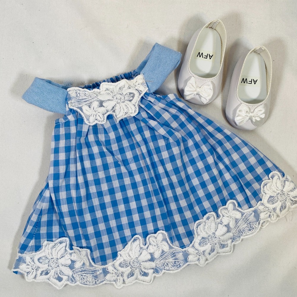 Blue Checked/Plaid Lace Dress & Bow Shoes Outfit Set for 18