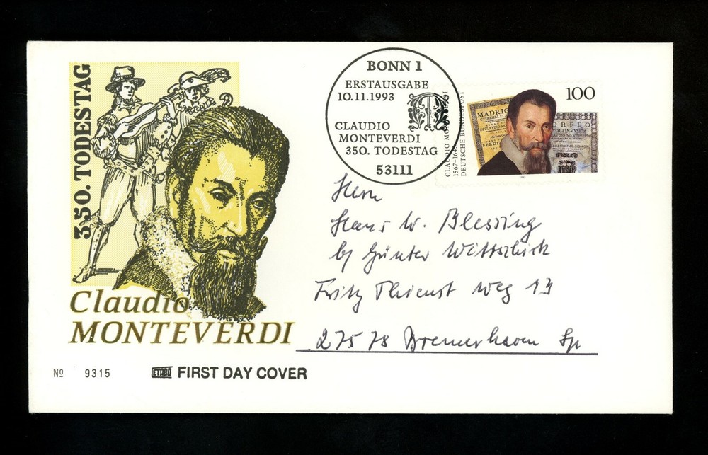 Postal History Germany FDC #1818 Claudio Monteverdi music composer 1993