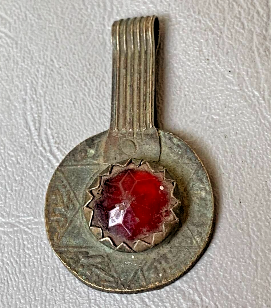 Ancient BRONZE AMULET VINTAGE ANTIQUE RED STONE