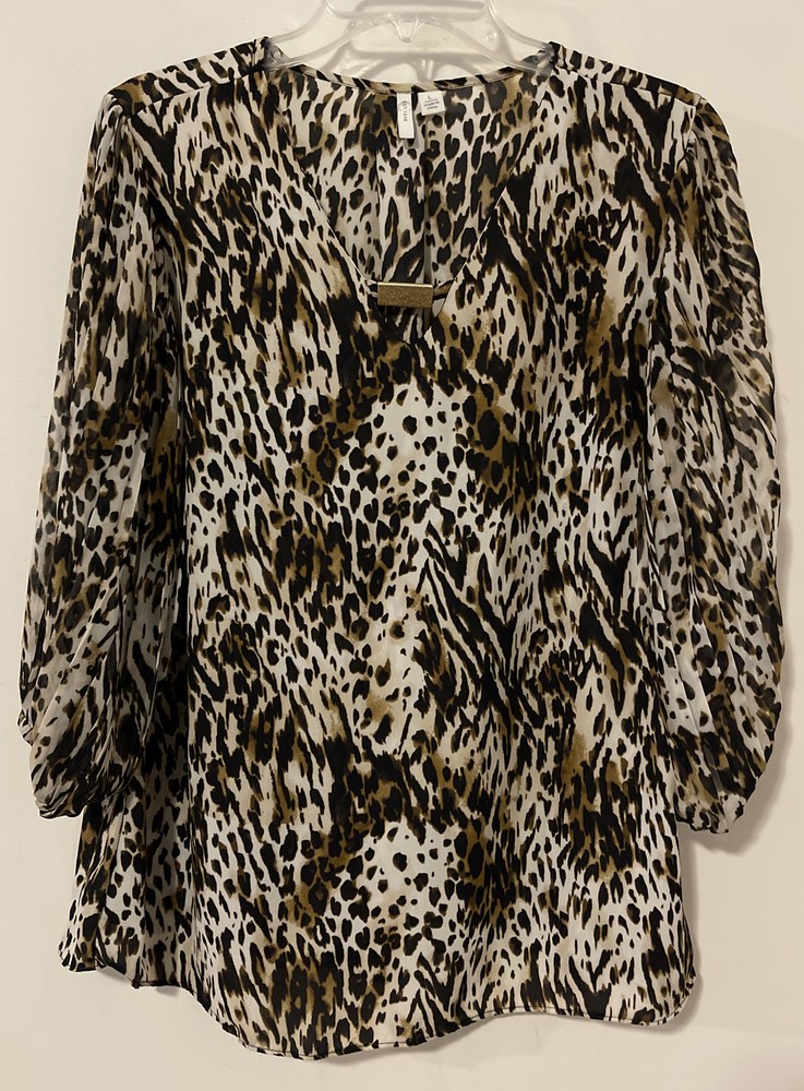 Est 1946 Womens Large Brown Animal-Print Vneck Flowy Tunic Style Blouse! A2359