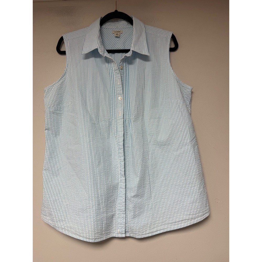 L.L. Bean Sleeveless Button Down Womens Large Blue White Striped Excellent