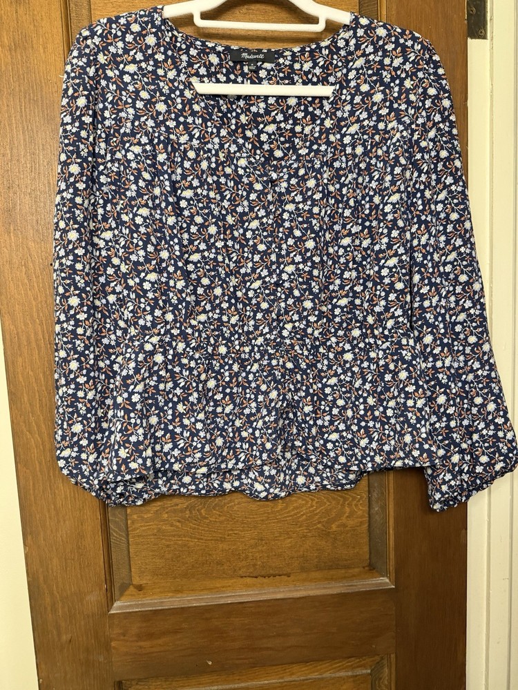 Madewell Silk  Blue White Floral V-Neck Pullover Blouse Top