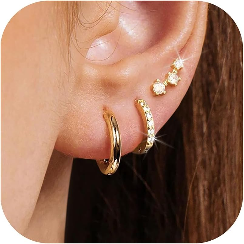 Small Gold Hoop Earrings for Women, 14K Gold Plated Dainty Hypoallergenic Multip