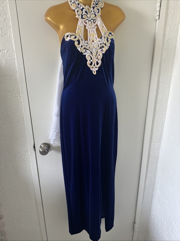 Blue Velvet Gown High Neck  Evening Dress Size Small/Medium