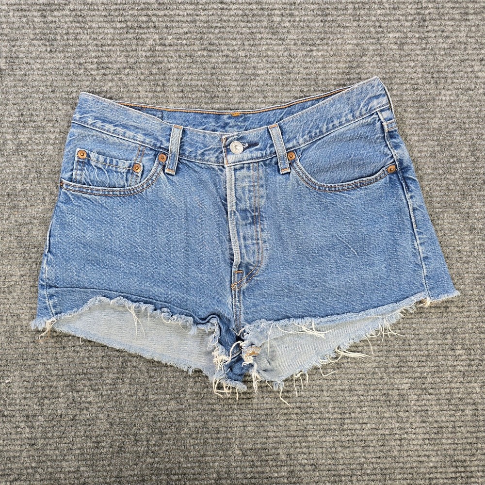 Levi's 501 Shorts Womens 28 Blue High Rise Cutoff Button Fly Distressed Raw Hem