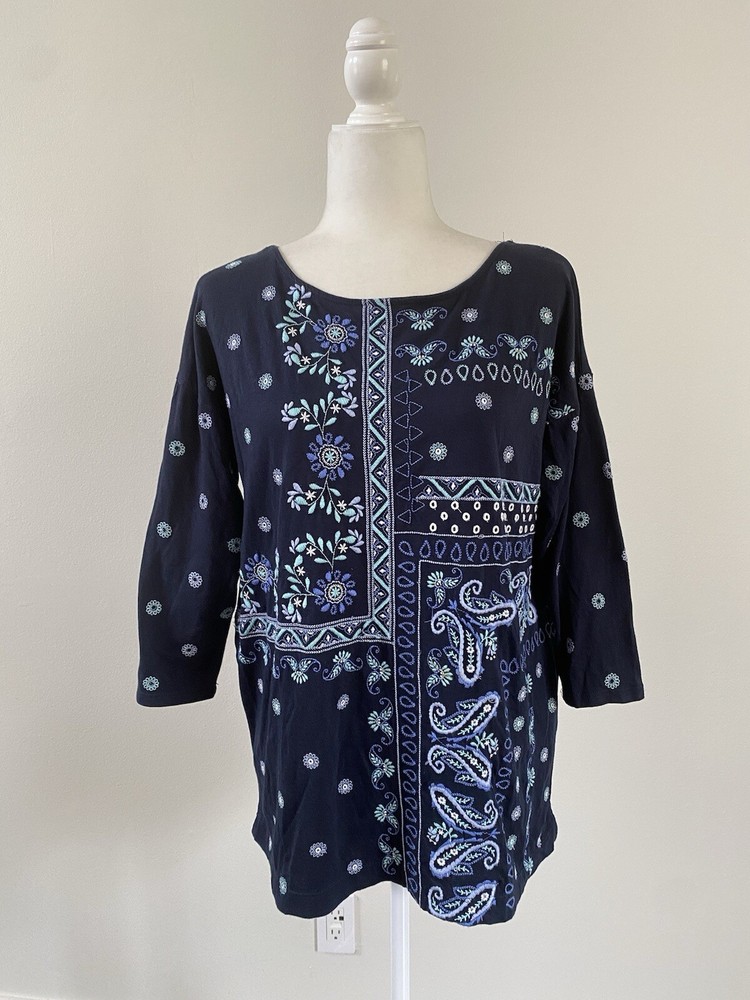 J. Jill Womens Floral Embroidered Blue Cotton 3/4 Sleeves Boho Tunic Top Sz XL