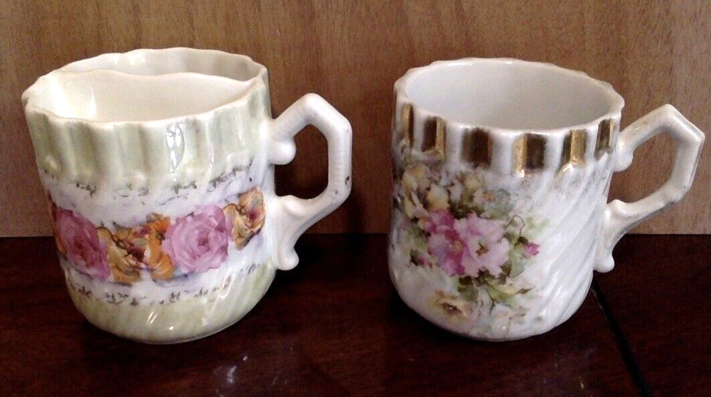 Men's Mustache Mug & Shaving Mug PAIR Porcelain Antique Rose Pattern circa 1900