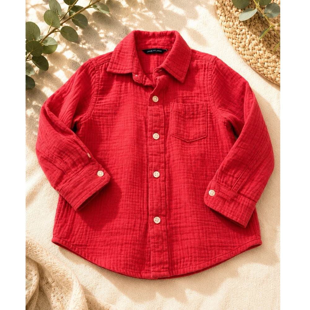 Janie and Jack Red Cotton Collared Button-Up Shirt 18-24 Months Long Sleeve