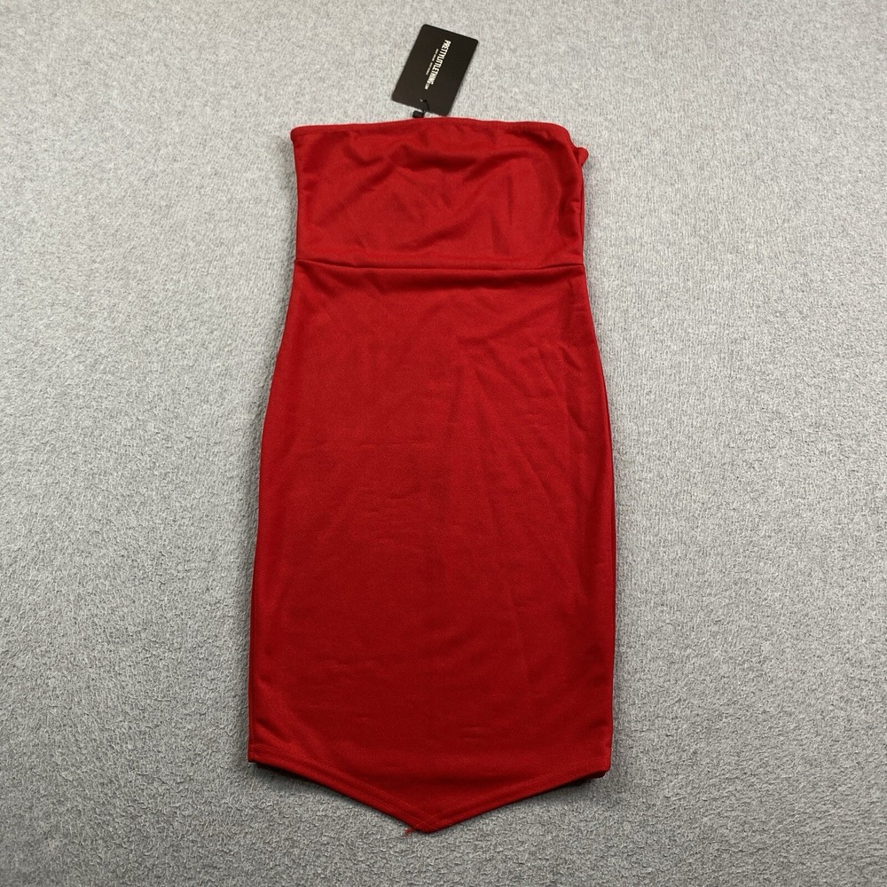 NEW Pretty Little Thing Dress Womens US 0 Red Bandeau Pointy Hem Bodycon Red Hot