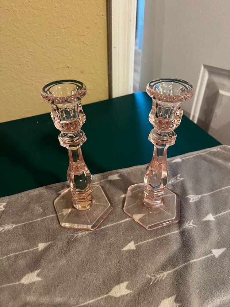 Clear Glass Light Pink Candle Holders! Set of 2!
