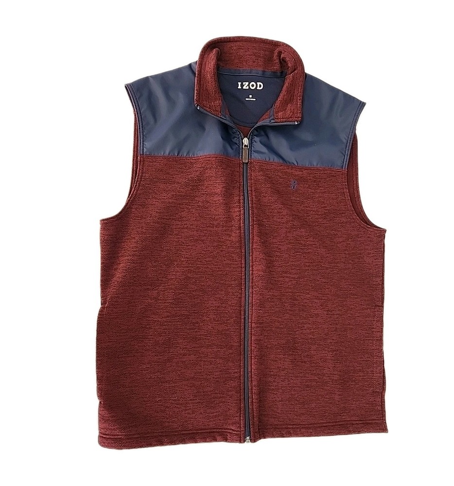 Izod Men's Medium Spectator Fleece Vest Full-Zip Pockets Blue/Wine Colorblock