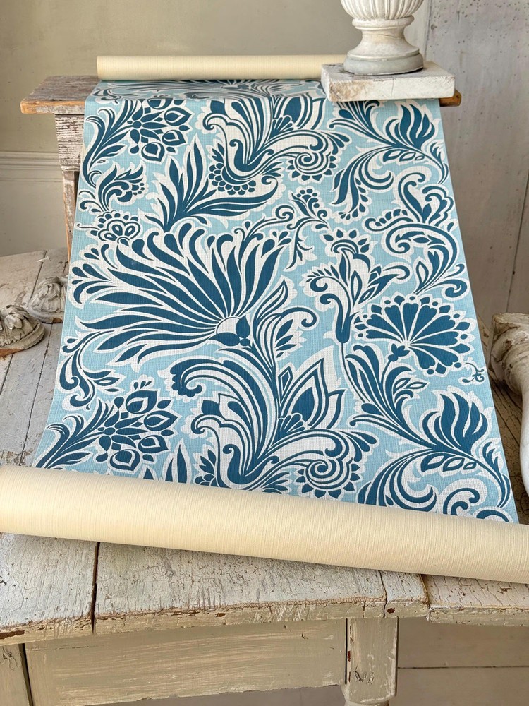 4.19yds French Wallpaper 1960’s Teal Blue White Bold Floral Midcentury Retro Co