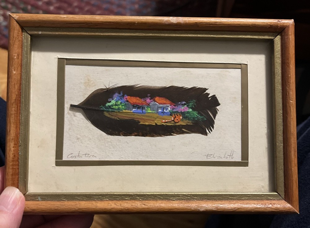 Folk Art Painted Feather Costa Rica Signed Elizabetto 6.5x5 Gallery Wall