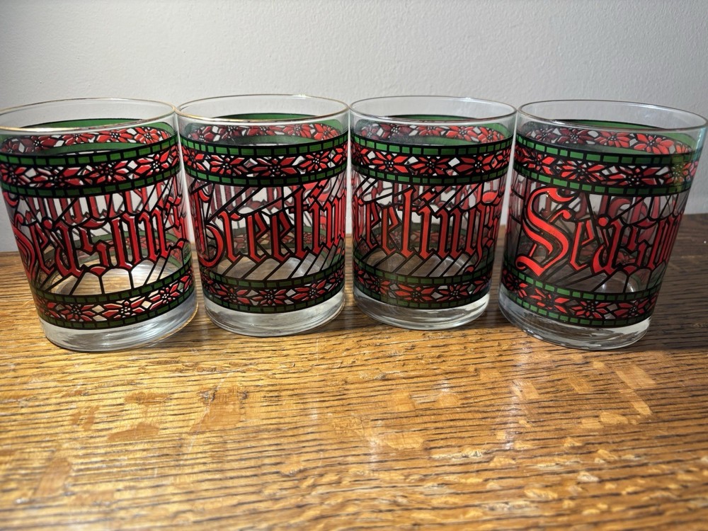 Vintage Houze Stained Glass Seasons Greetings Christmas Glasses Set of 4