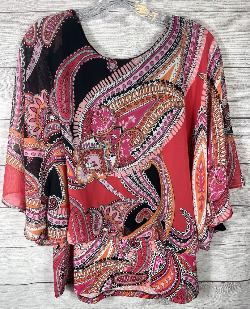 Coco Bianco Women’s Large Paisley Sheer Overlay Blouse Pink Orange Boho