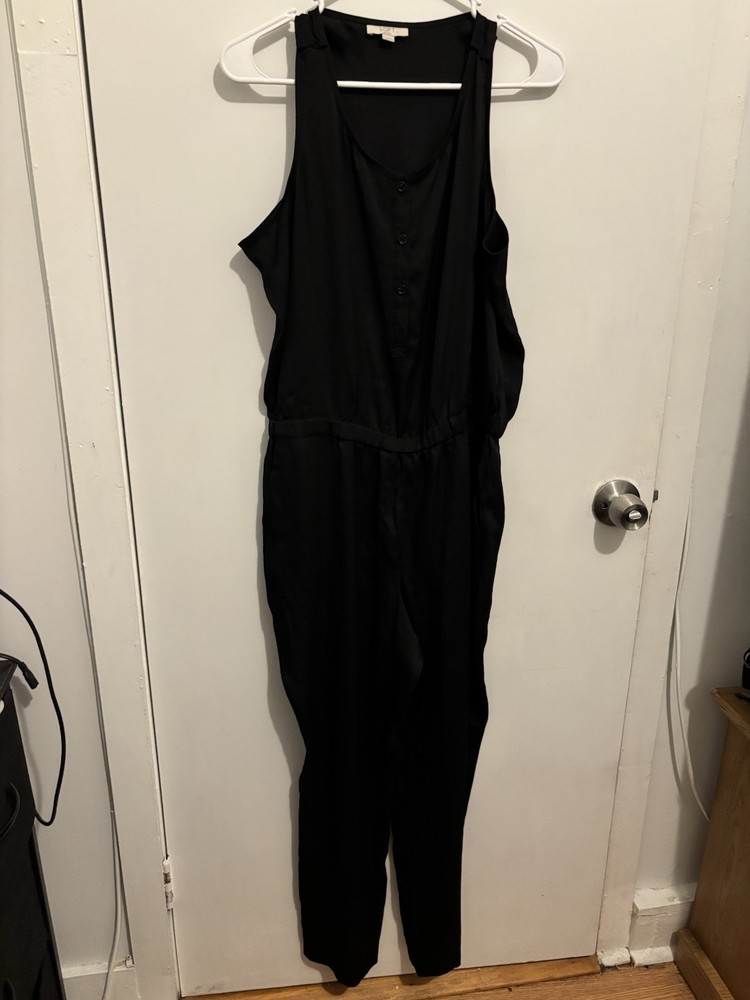 Loft Petite Black jumpsuit with button up top, zipper back, and tie waist