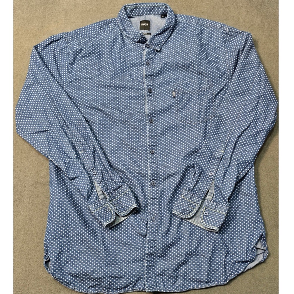 BOSS Hugo Boss Blue White Dot Slim Fit Long Sleeve Button Down Shirt Mens XL