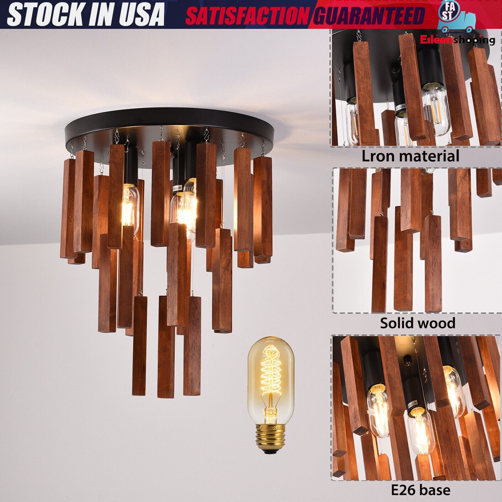 Ceiling Light Fixture Rustic Wooden Chandelier Retro Ceiling Semi Flush Mount