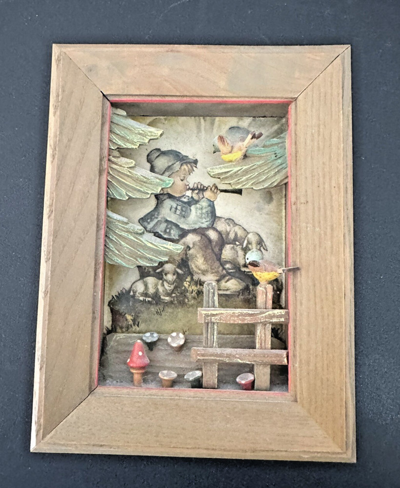 Hummel Vtg Shadow Box Framed Wooden 3D Boy 1970s Mushroom Fence Evergreen Tree