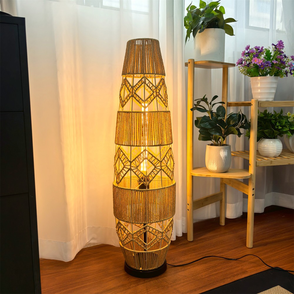 Rustic Hand-Woven Corner Floor Lamp for Living Room Bedroom Pedal On/Off Switch