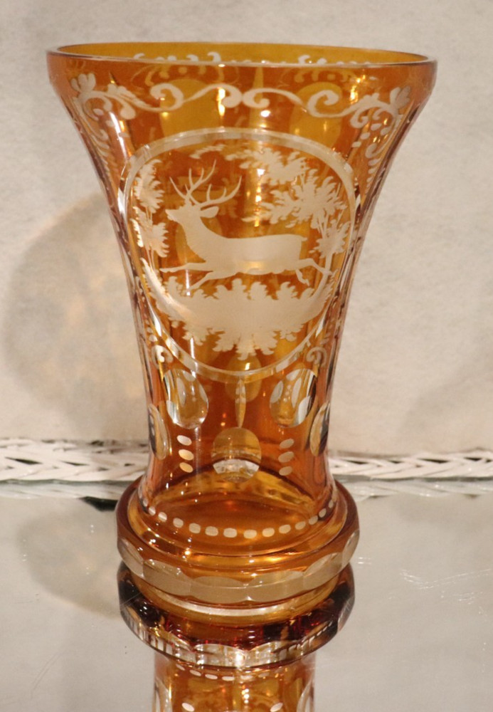 Antique Czech Bohemian Amber Frosted Cut & Etched Crystal 9 In Vase Leaping Stag
