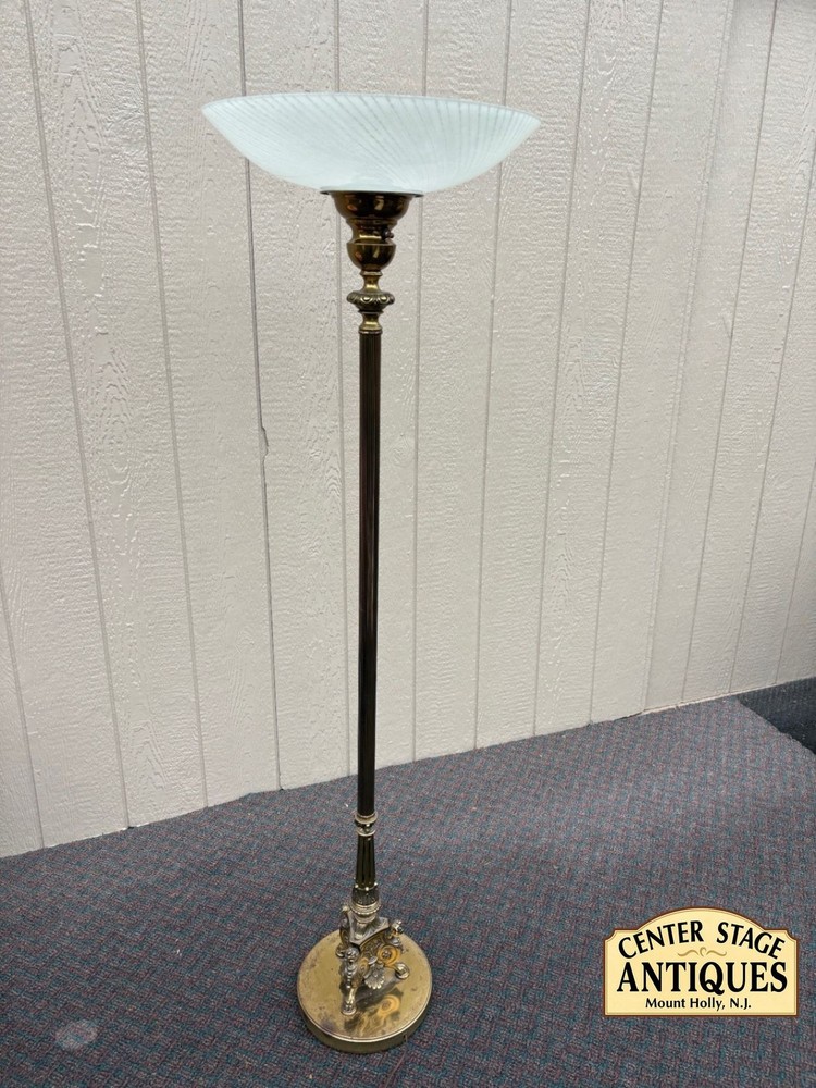 Vintage Brass Torchiere Floor Lamp with Frosted Glass Shade