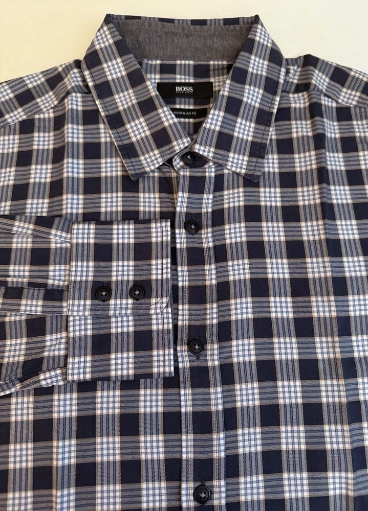 BOSS HUGO BOSS Shirt Men’s L. Regular Fit Button Up Long Sleeve Checker Navy