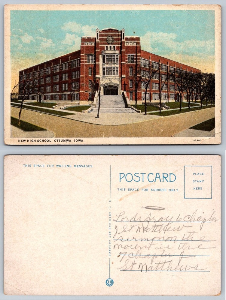 New High School Ottumwa Iowa Vintage Postcard C.T. American Art
