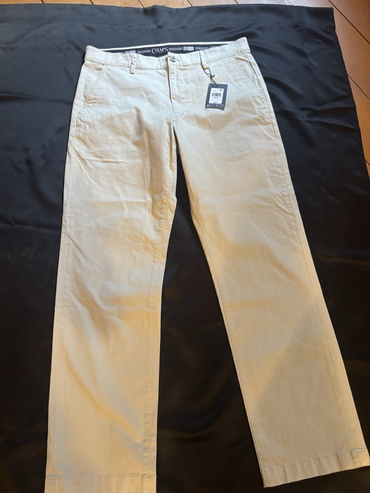 Chaps Men's Beige Cotton Twill Straight Leg Flat Front Casual Pants 34/32