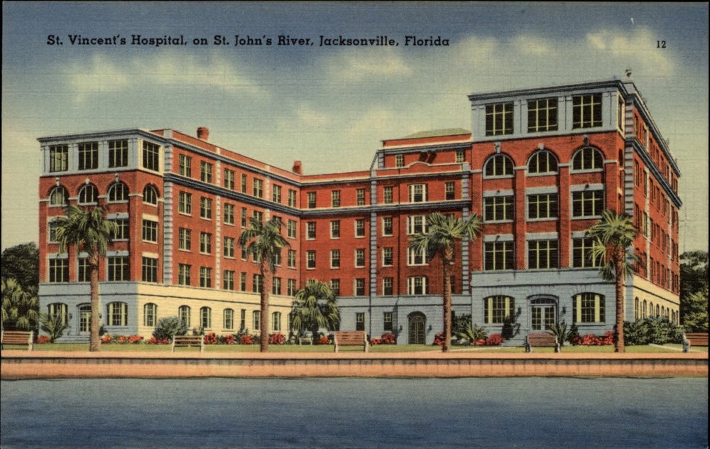 St Vincent's Hospital Jacksonville Florida palm trees ~ 1940s linen postcard