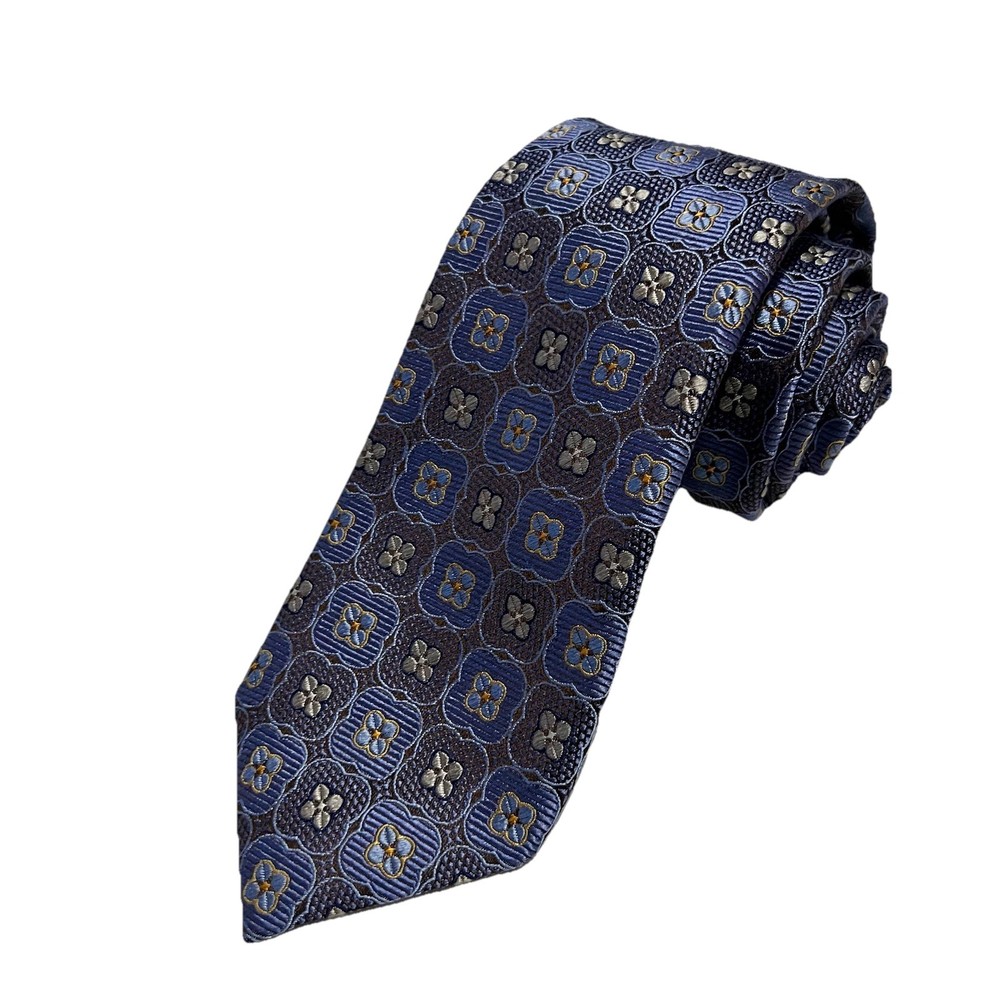 JZ Richards Silk Tie Blue Geometric Medallion Foulard Handmade USA Classic
