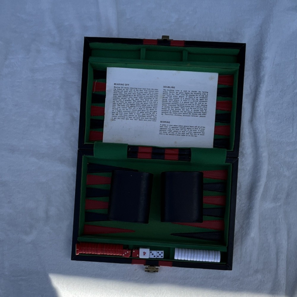 Backgammon Travel Board Game Set Black Case Red Stripes, 2 Players Ages 12+