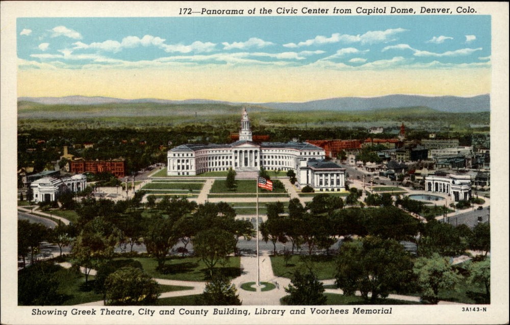 Denver Colorado Civic Center from Capitol dome aerial vintage linen postcard