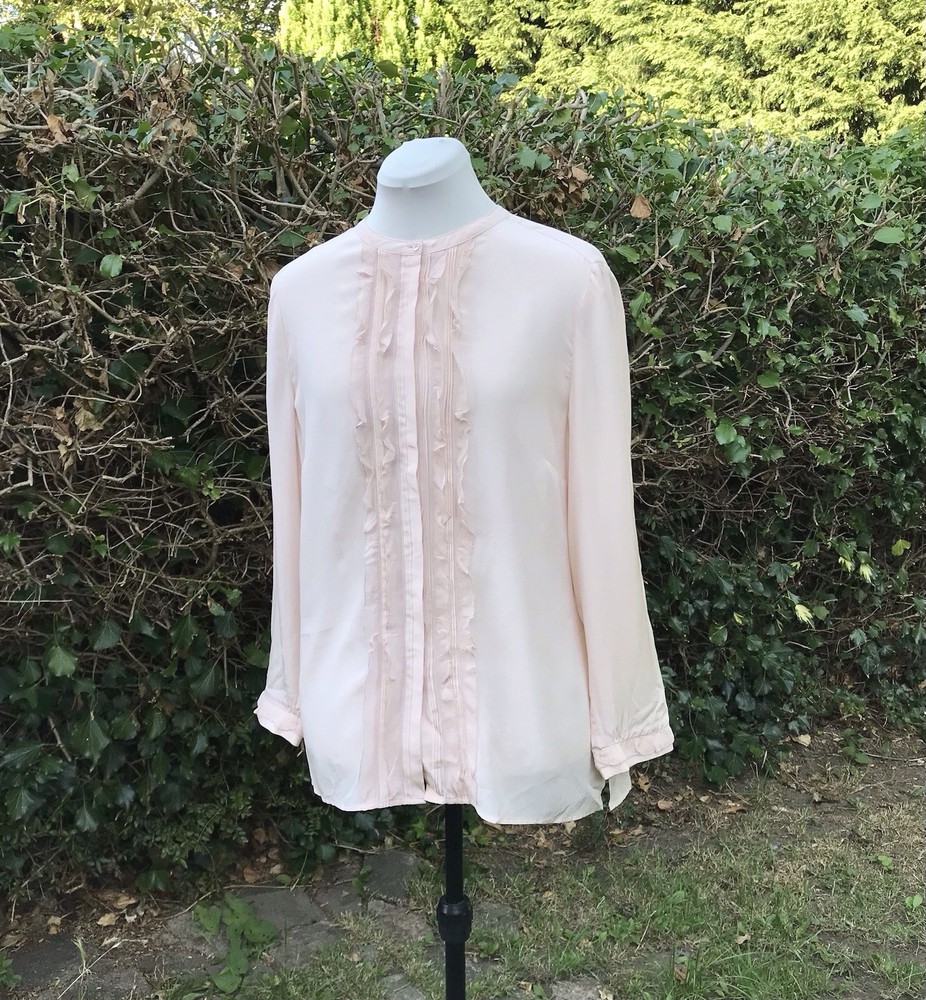 JIGSAW Women's Pink Pale Blouse UK16 100% Silk Pintucks Ruffle Side Slits Smart