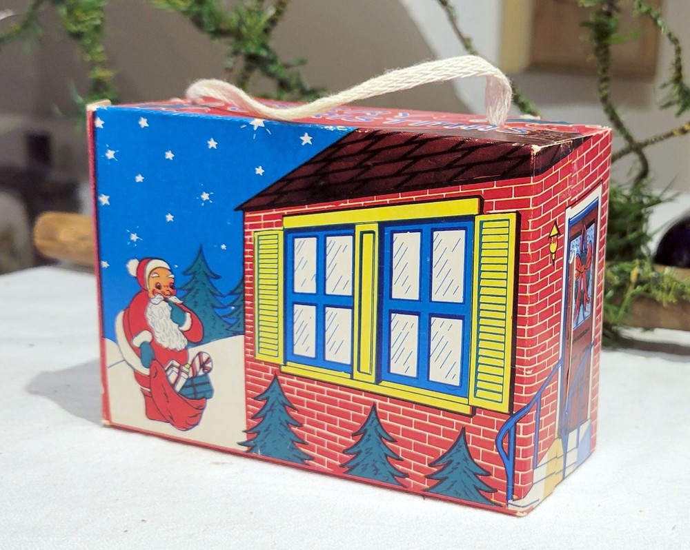 Christmas Candy Box & Ornament,  Santa in Snow, Outside House. USA, 1930s