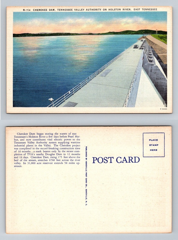 East TN-Tennessee, Cherokee Dam Holston River TVA Reservoir Vintage Postcard