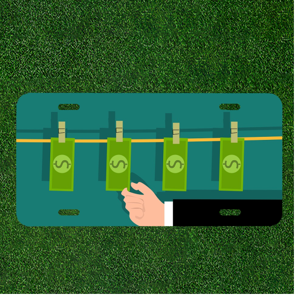 Custom Personalized Auto Tag With Money On A Clothing Line Design