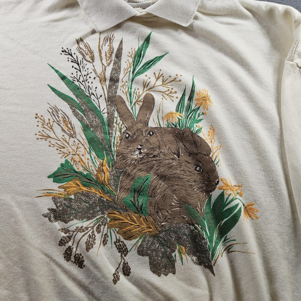 Vintage Haband Sweatshirt Womens Medium Collared Bunny Graphic Made USA 90s