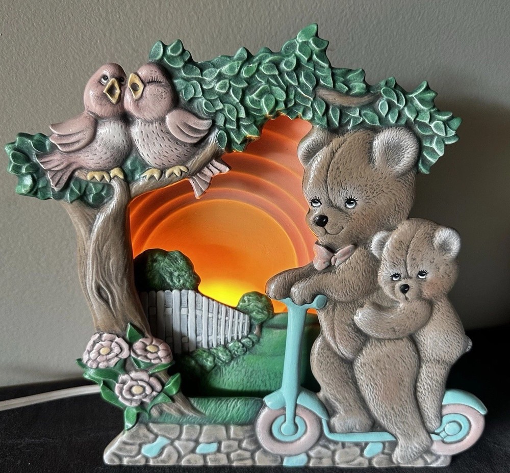 1988 Children Night Light Ceramic Lamp Bears Scooter Ride By Tampa Bay Mold Co.