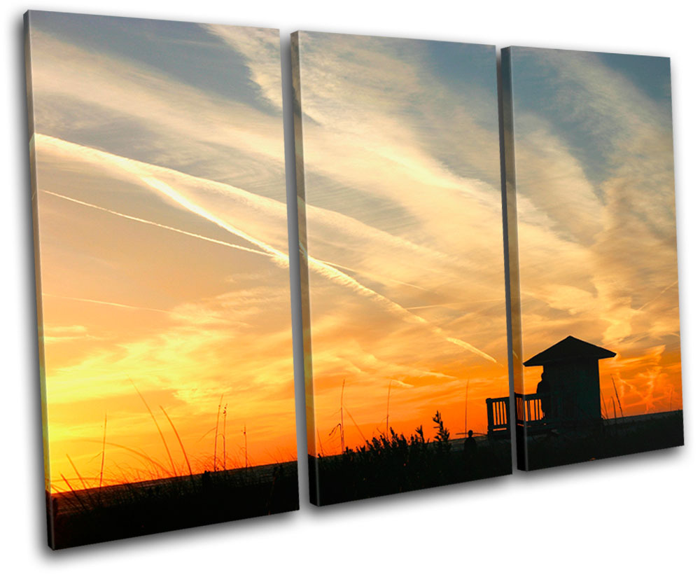 Beach Hut Sunset Seascape TREBLE CANVAS WALL ART Picture Print VA