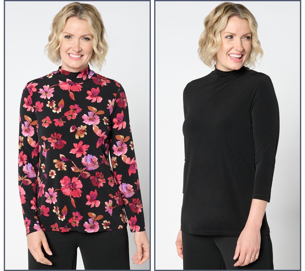 Susan Graver Women's Top Sz L Print & Solid Liquid Knit Multi-colored A658941