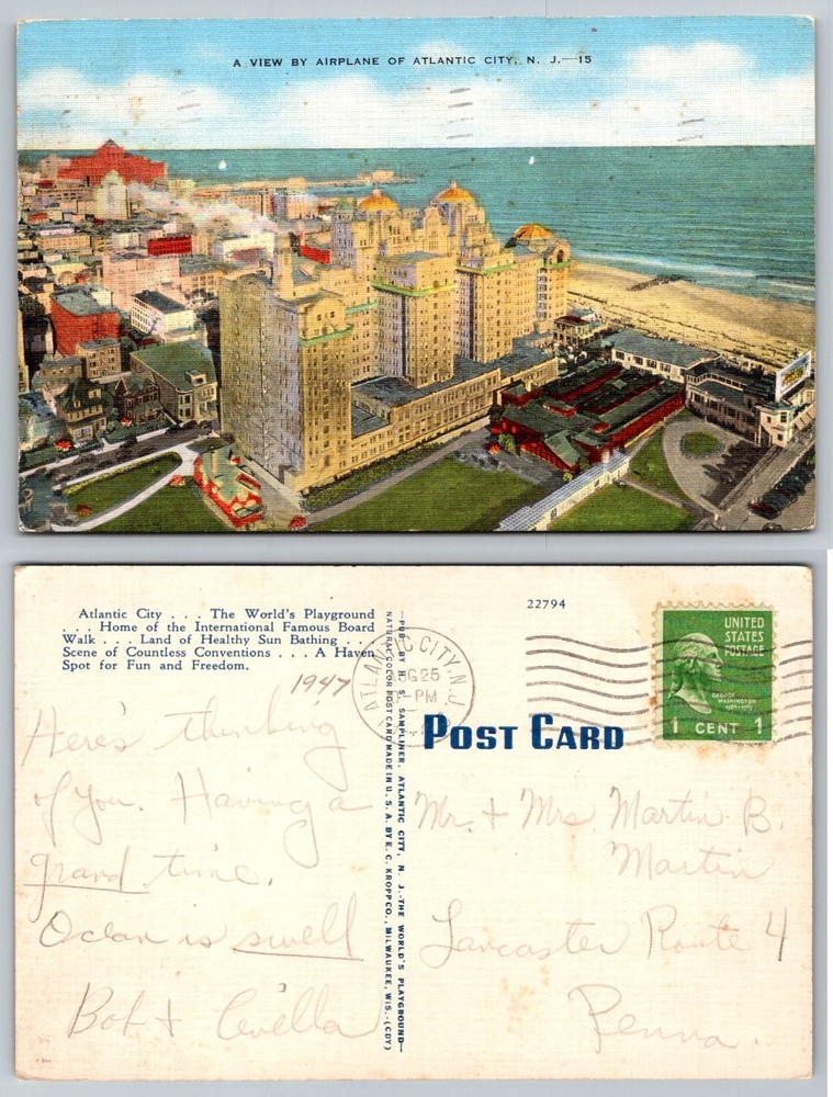 Vintage 1947 Atlantic City NJ Aerial View Linen Postcard Ocean Hotels
