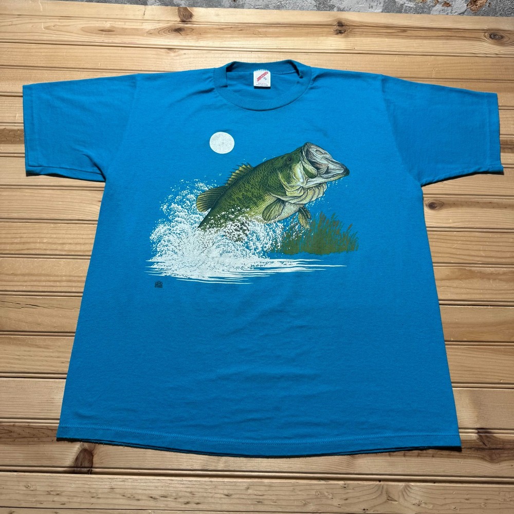Vintage 80s 1980 Bass Fishing Outdoorsy Single Stitch Shirt USA Made - Size XL