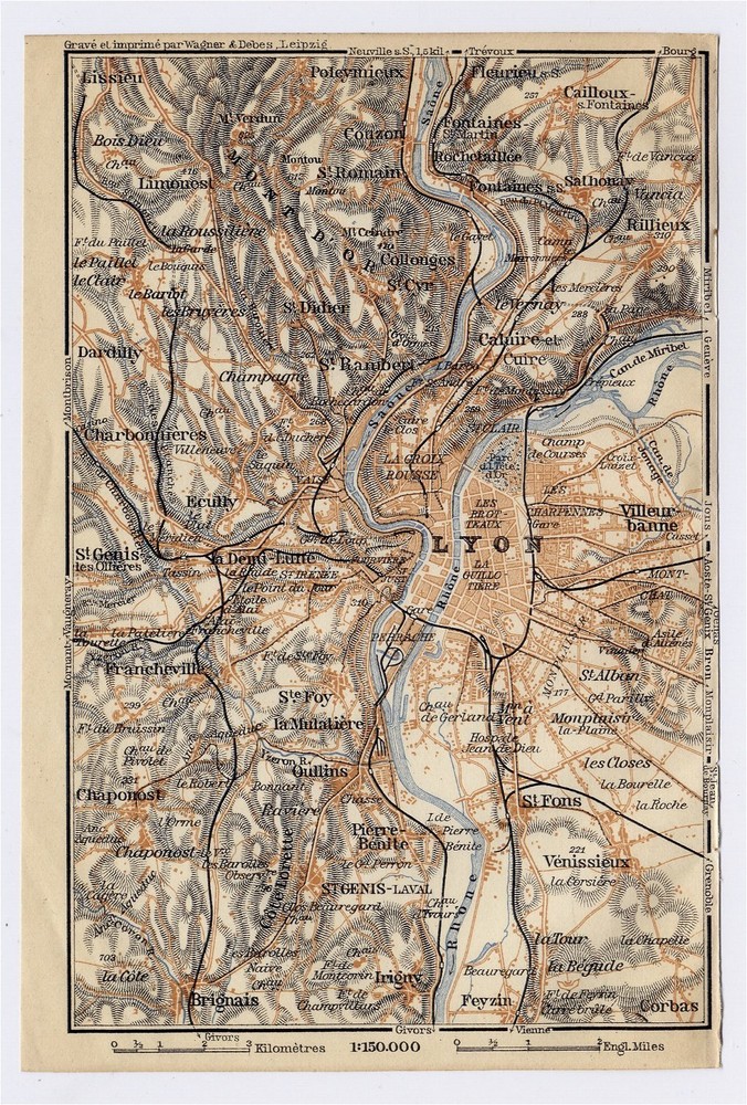 1914 Original Antique Map Of Vicinity Of Lyon / Rhone-Alpes / France