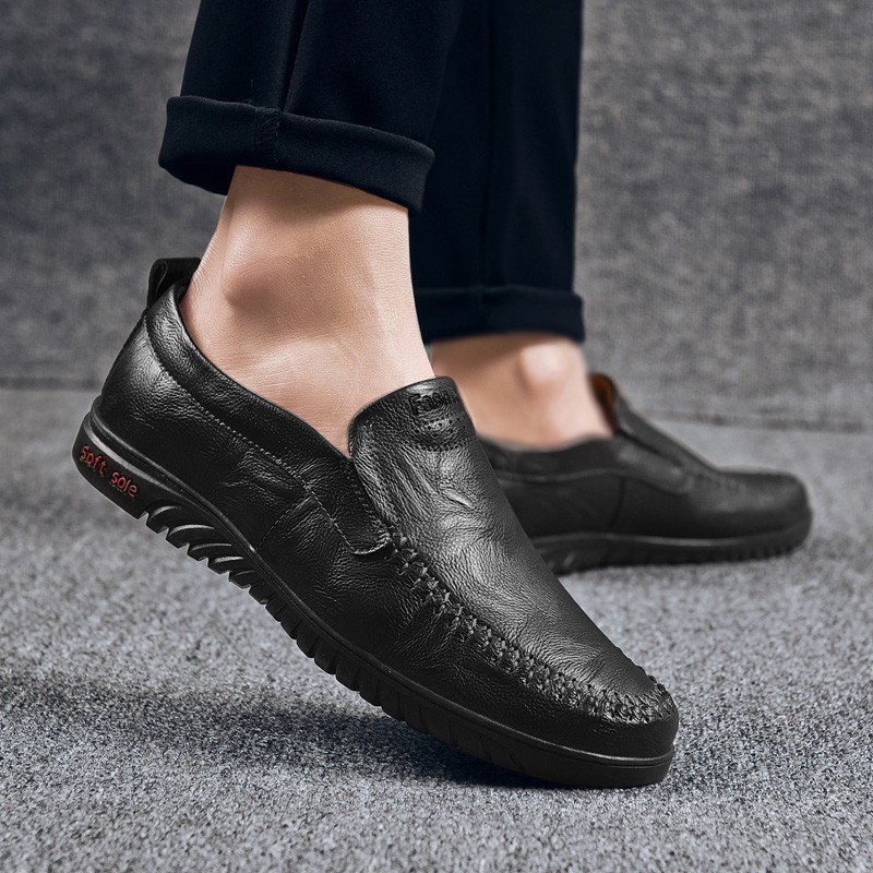 Men Genuine Cowhide Leather Slip On Shoes Soft Sole Breathable Casual Loafers