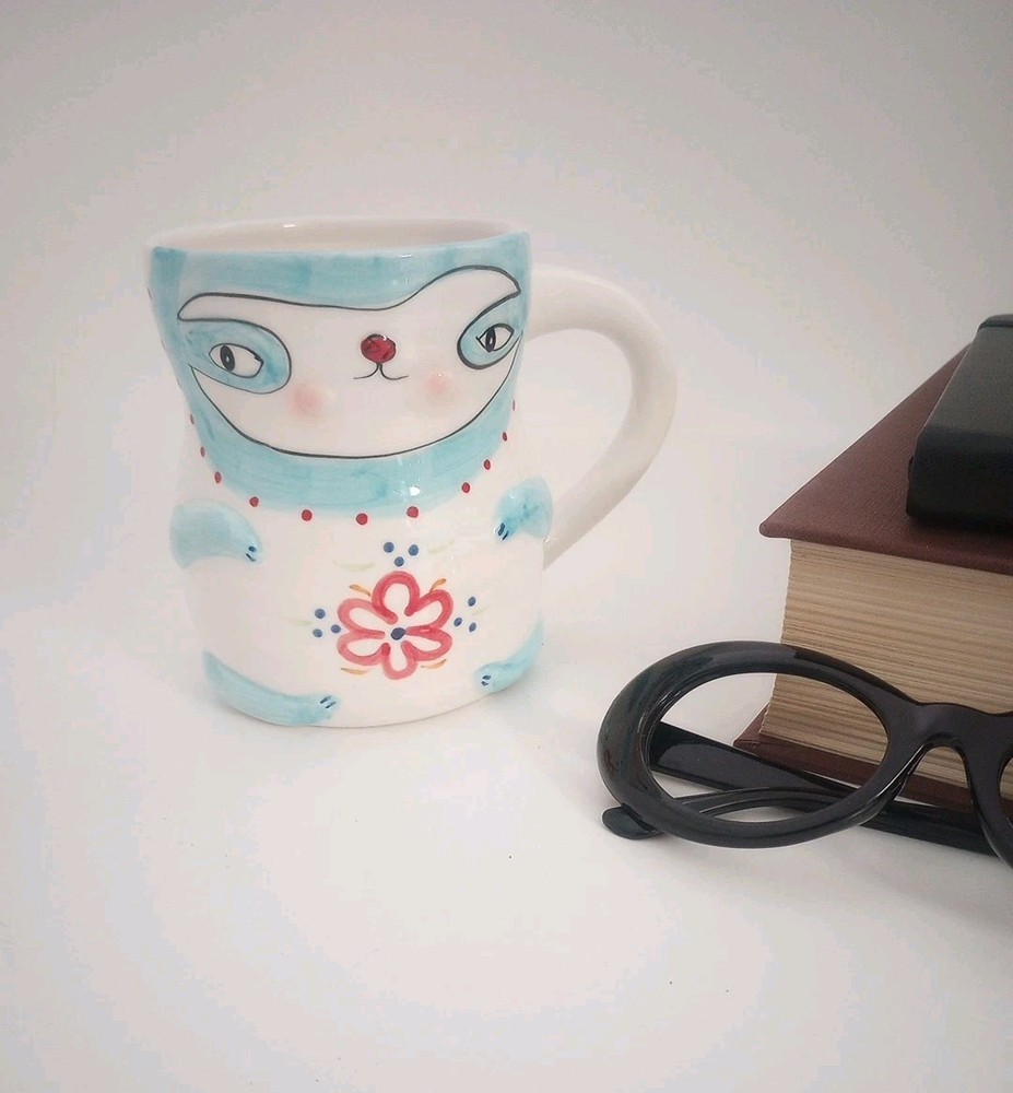 Hand-painted Pottery Ceramic Funky Blue Flower Cat Mug Coffee Pencils Boho Gift