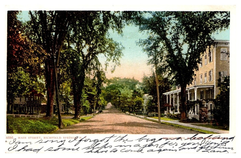 c1905 Tree-Lined Main Street Richfield Springs New York Vintage Postcard