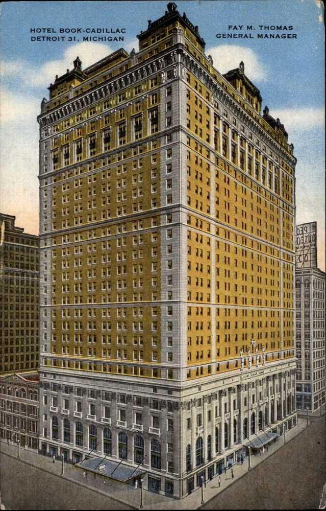 Michigan Detroit Hotel Book Cadillac ~ 1940s linen postcard sku539
